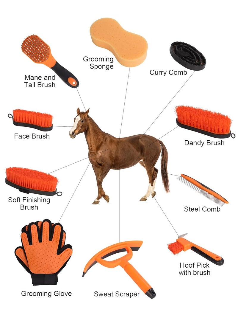 Ueemph Horse Grooming Kit（13-Piece），Orange Horse Brushes,Storage Bag, Sweat Scraper,Mane Comb,Horse Grooming Gloves, Gifts for Girls (Orange) - Image 5